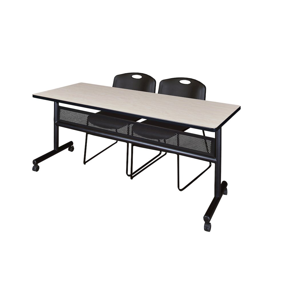 72 x 24 in. Flip-Top Privacy Nesting Table- Maple, 2 Zeng Stack Chairs- Black. Picture 1