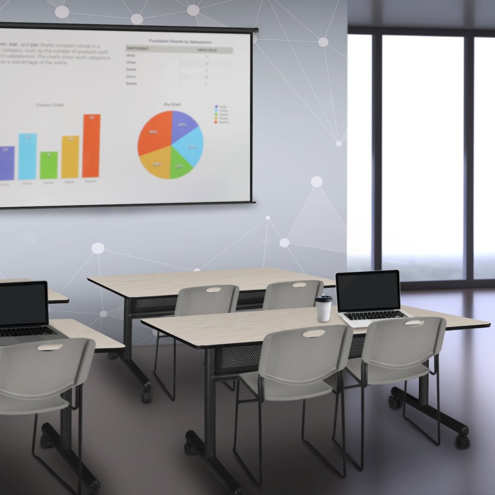 72 x 24 in. Flip-Top Privacy Nesting Table- Maple, 2 Zeng Stack Chairs- Grey. Picture 11