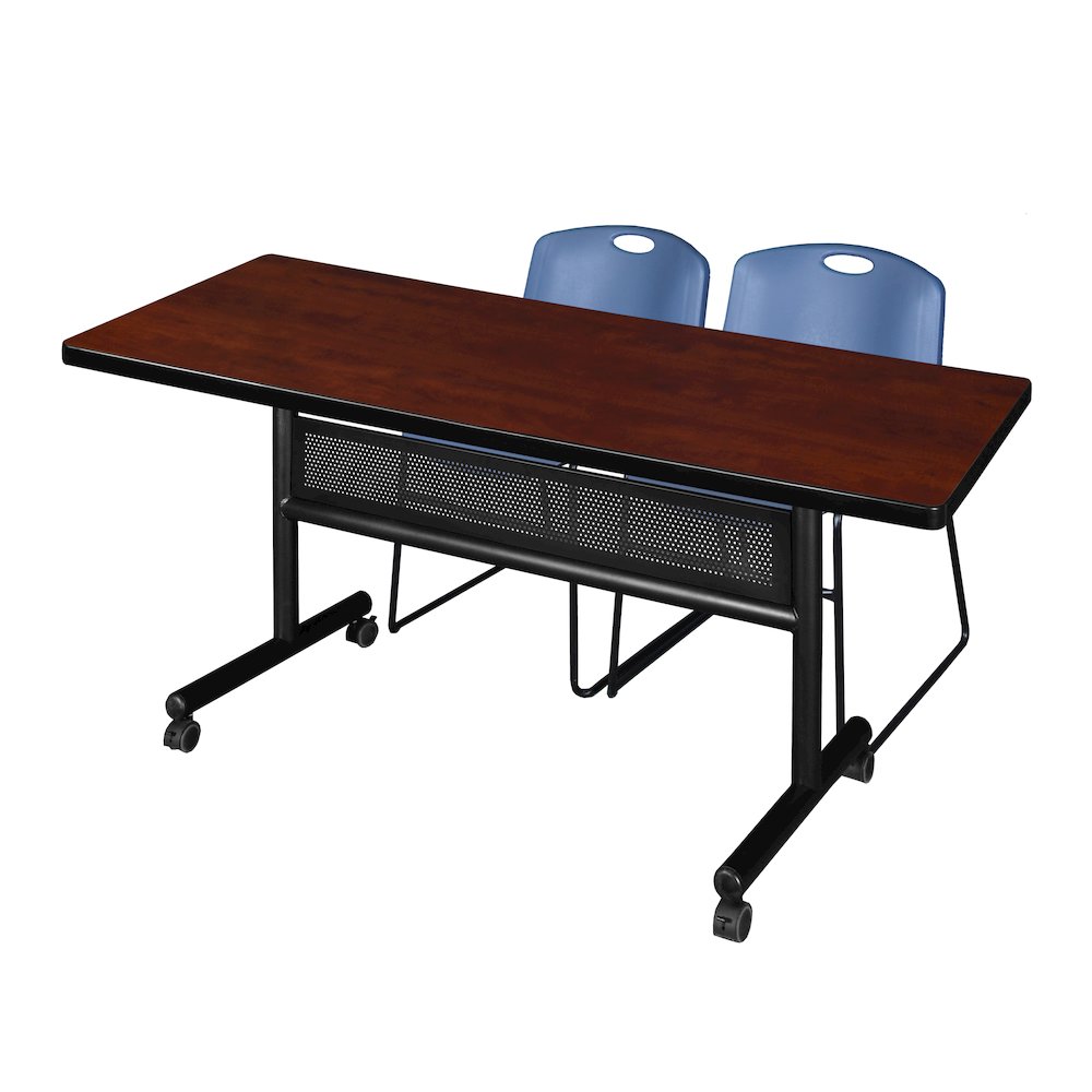 72 x 30 in. Flip-Top Privacy Nesting Table- Cherry, 2 Zeng Stack Chairs- Blue. Picture 1