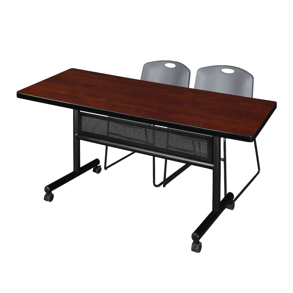 72 x 30 in. Flip-Top Privacy Nesting Table- Cherry, 2 Zeng Stack Chairs- Grey. Picture 1