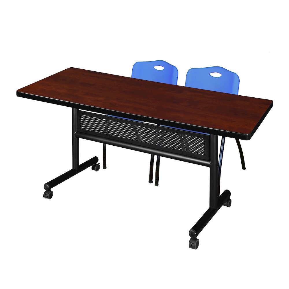 72 x 30 in. Flip-Top Privacy Nesting Table- Cherry, 2 M Stack Chairs- Blue. Picture 1