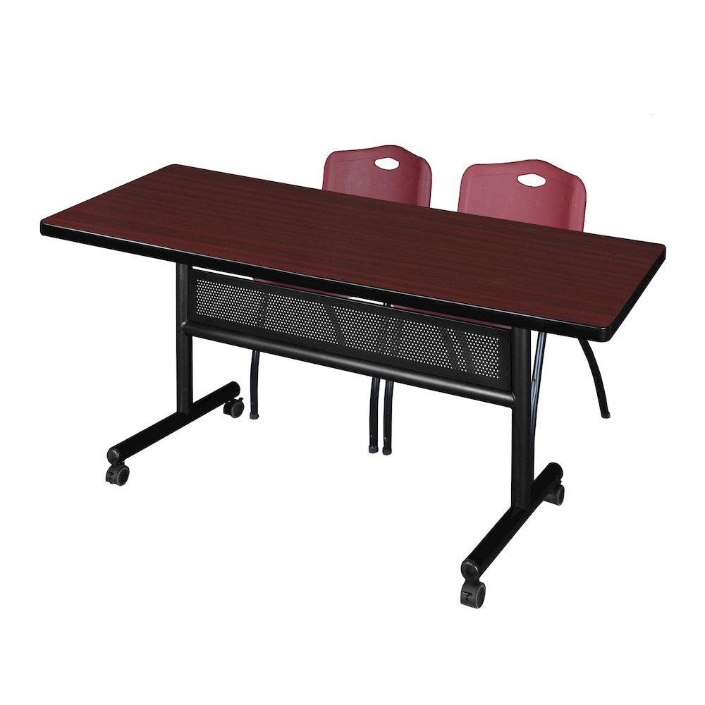 72 x 30 in. Flip-Top Privacy Nesting Table- Mahogany, 2 M Stack Chairs- Burgundy. Picture 1