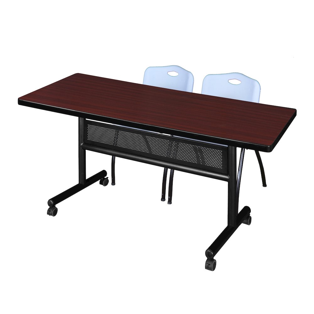 72 x 30 in. Flip-Top Privacy Nesting Table- Mahogany, 2 M Stack Chairs- Grey. Picture 1