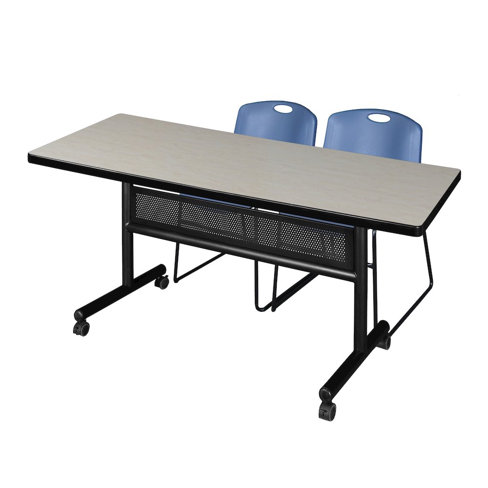 72 x 30 in. Flip-Top Privacy Nesting Table- Maple, 2 Zeng Stack Chairs- Blue. Picture 1
