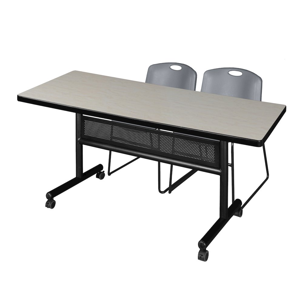 72 x 30 in. Flip-Top Privacy Nesting Table- Maple, 2 Zeng Stack Chairs- Grey. Picture 1