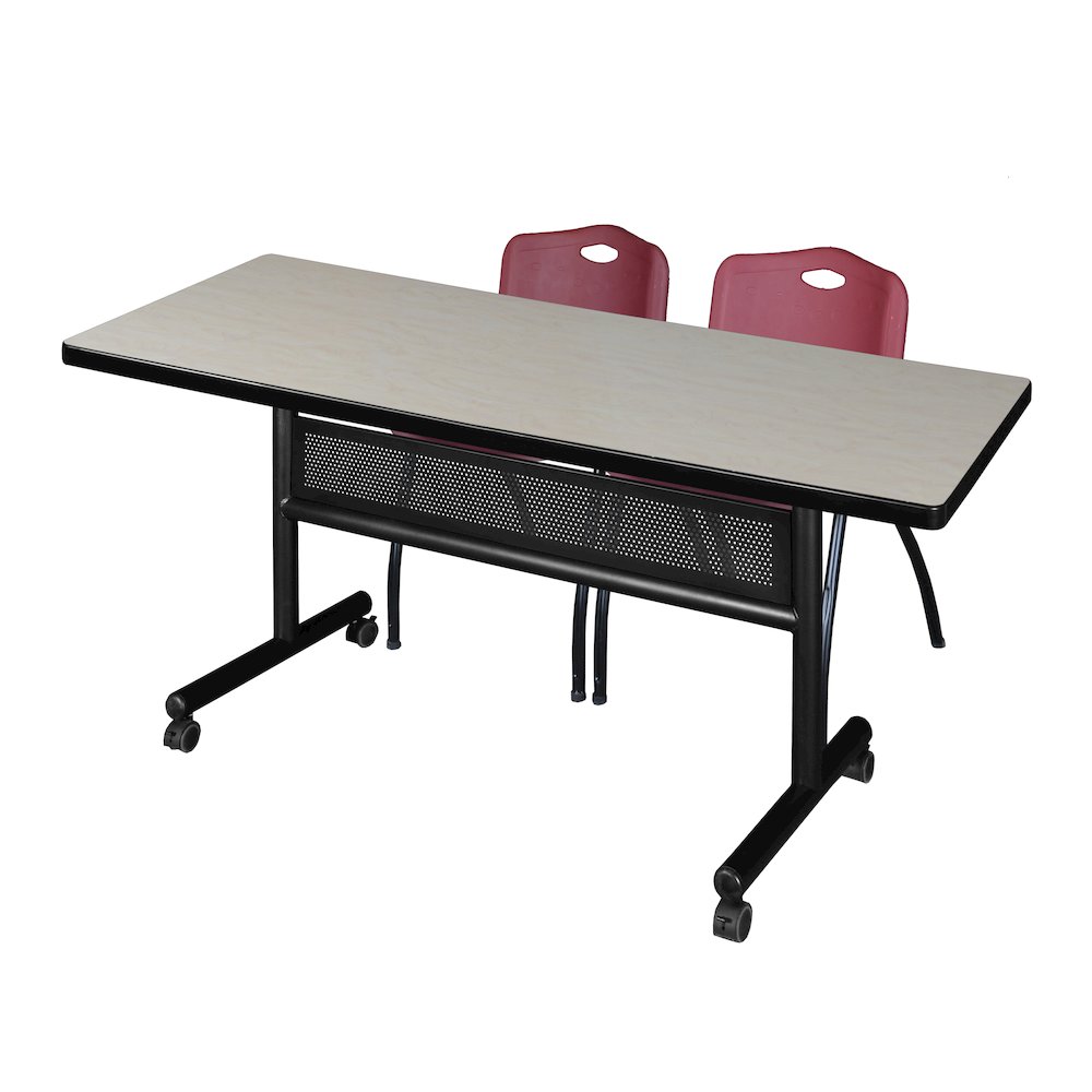 72 x 30 in. Flip-Top Privacy Nesting Table- Maple, 2 M Stack Chairs- Burgundy. Picture 1