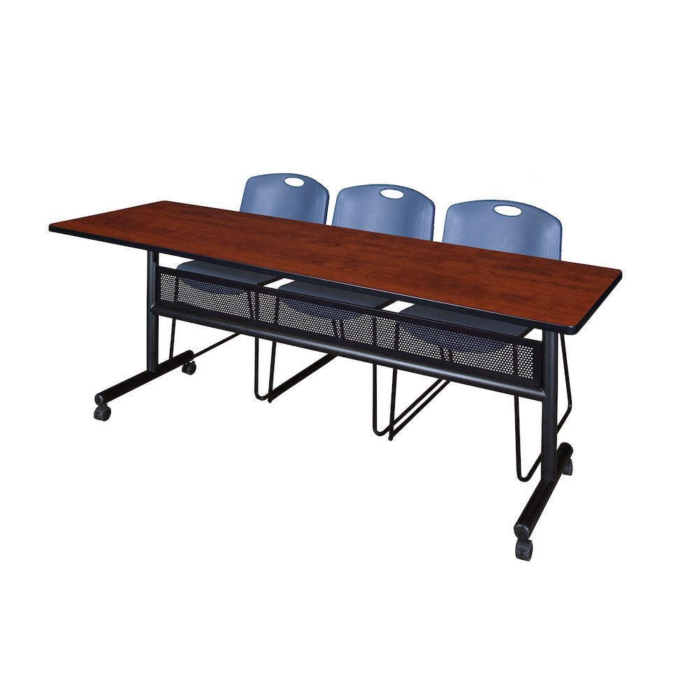 84 x 24 in. Flip-Top Privacy Nesting Table- Cherry, 3 Zeng Stack Chairs- Blue. Picture 1
