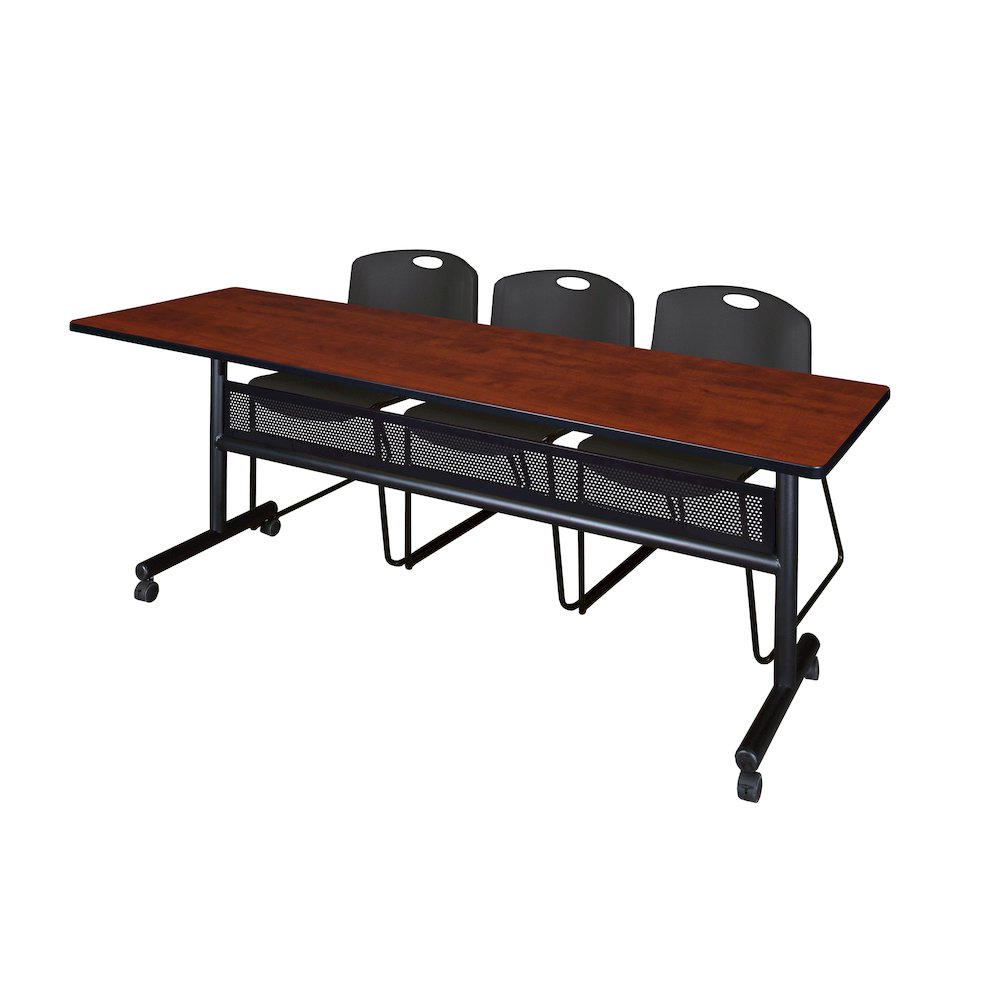 84 x 24 in. Flip-Top Privacy Nesting Table- Cherry, 3 Zeng Stack Chairs- Black. Picture 1