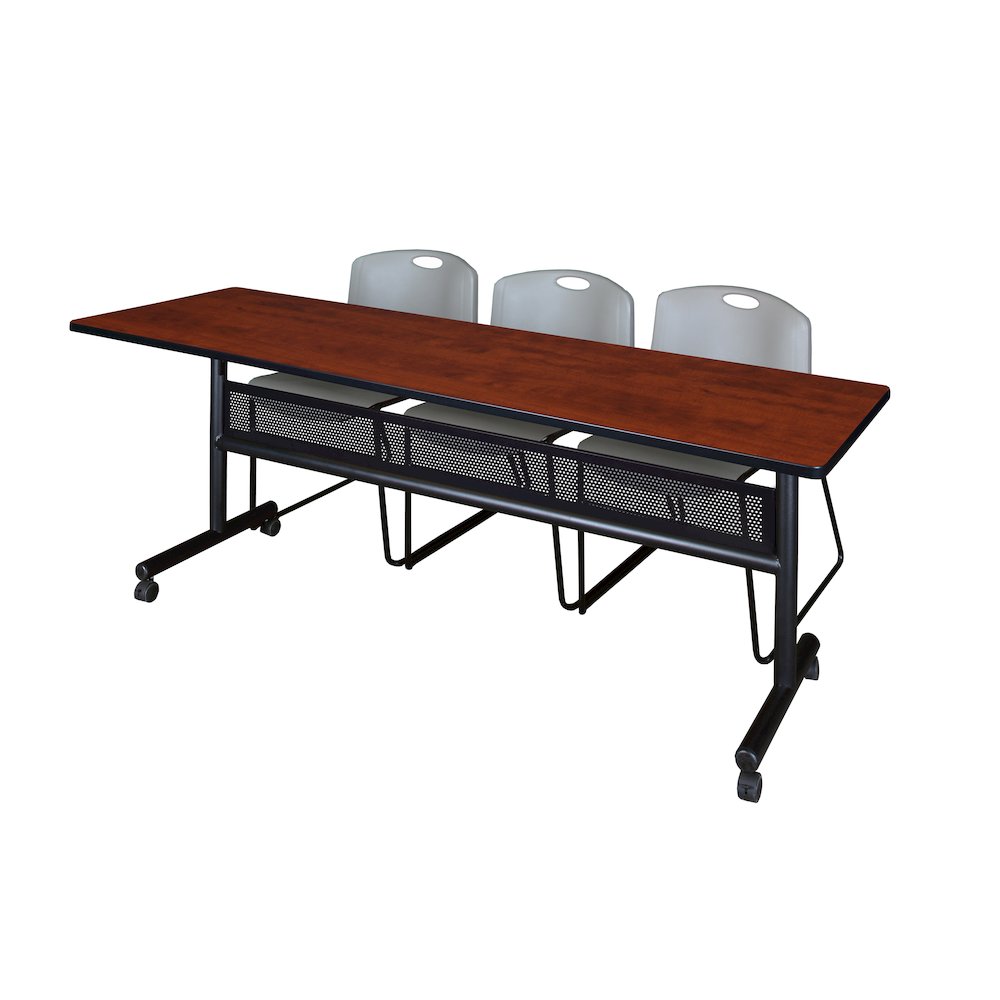 84 x 24 in. Flip-Top Privacy Nesting Table- Cherry, 3 Zeng Stack Chairs- Grey. Picture 1