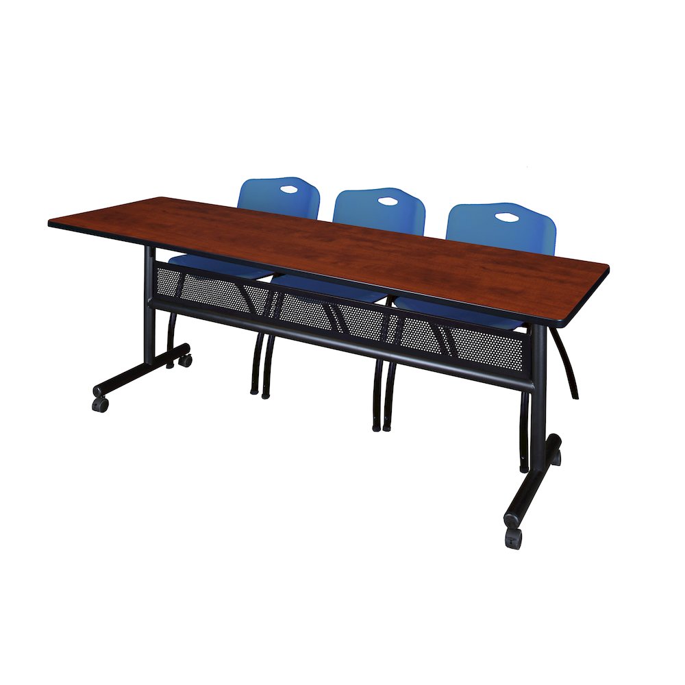 84 x 24 in. Flip-Top Privacy Nesting Table- Cherry, 3 M Stack Chairs- Blue. Picture 1