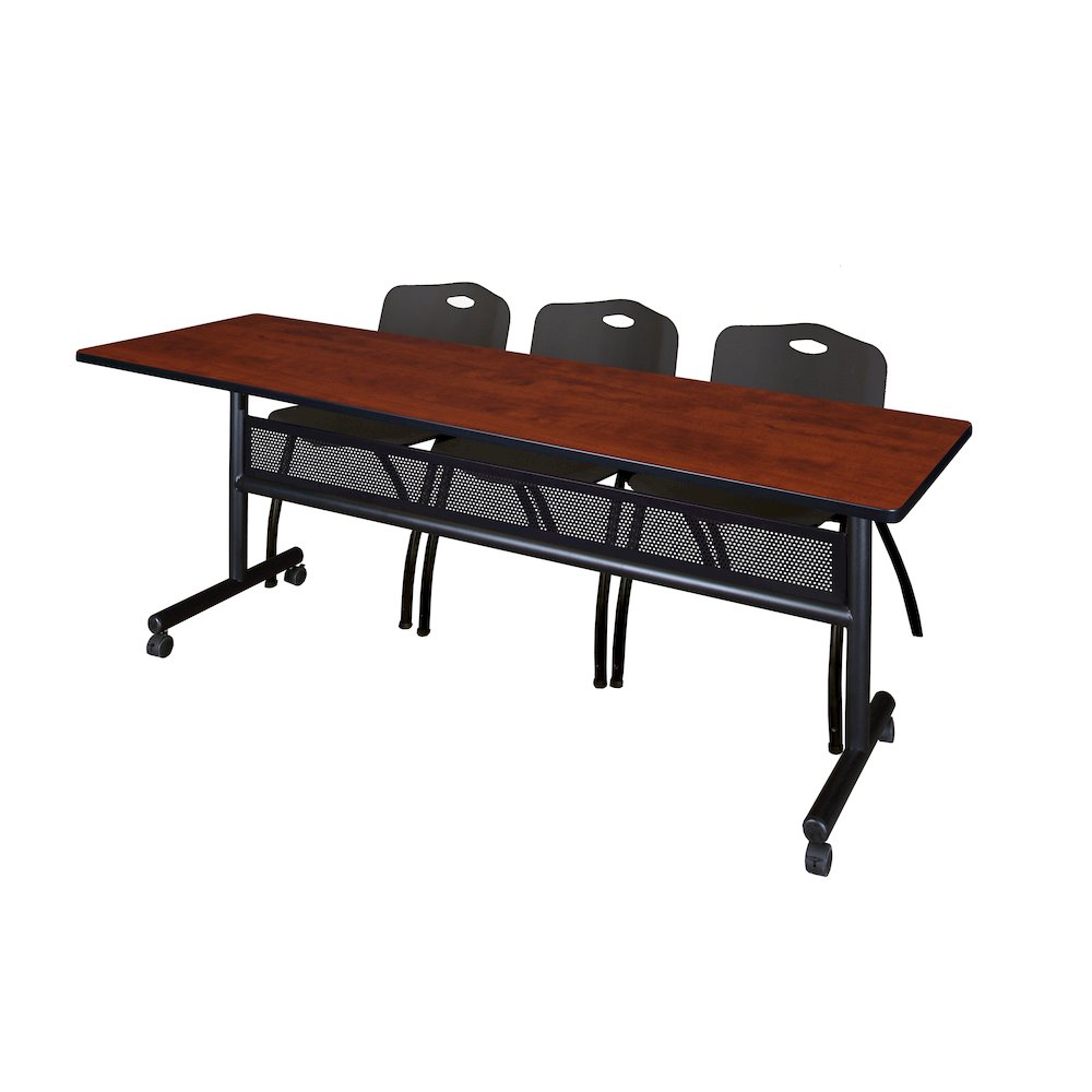 84 x 24 in. Flip-Top Privacy Nesting Table- Cherry, 3 M Stack Chairs- Black. Picture 1