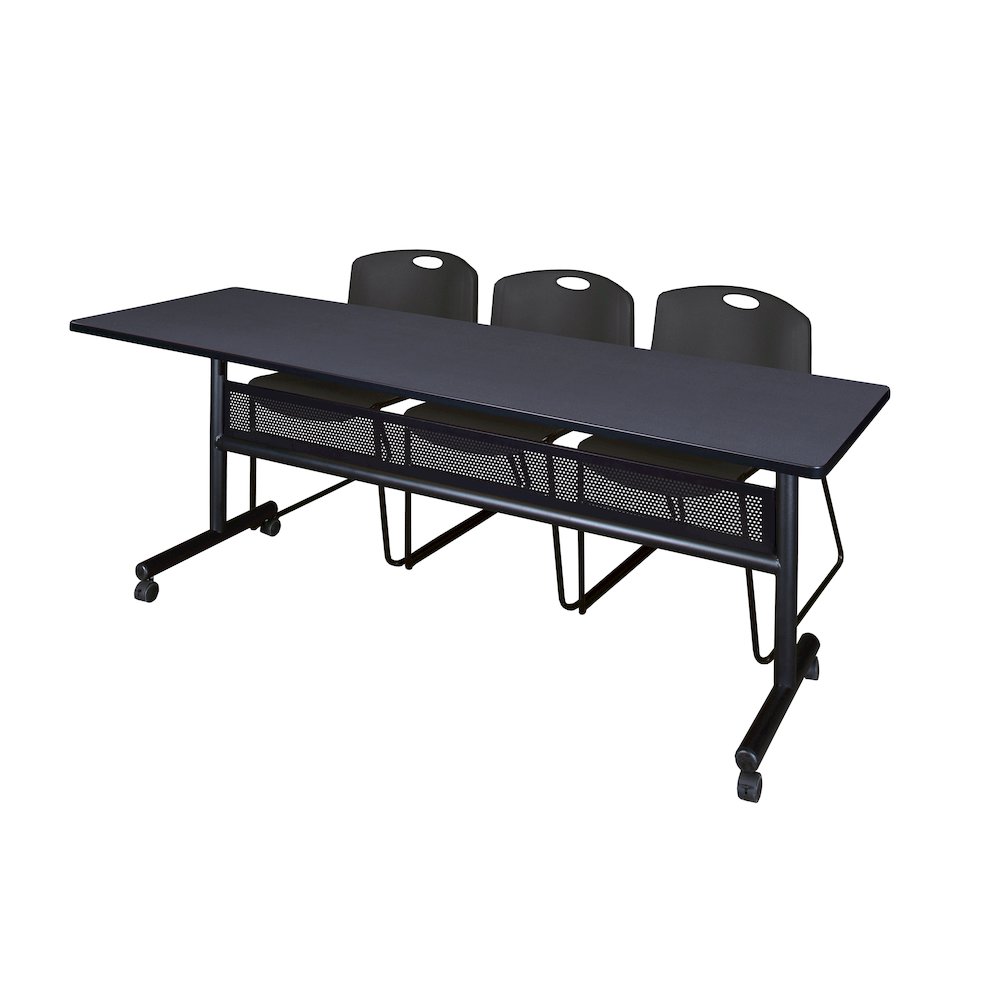 84 x 24 in. Flip-Top Privacy Nesting Table- Grey, 3 Zeng Stack Chairs- Black. Picture 1