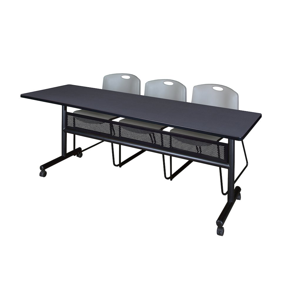 84 x 24 in. Flip-Top Privacy Nesting Table- Grey, 3 Zeng Stack Chairs- Grey. Picture 1