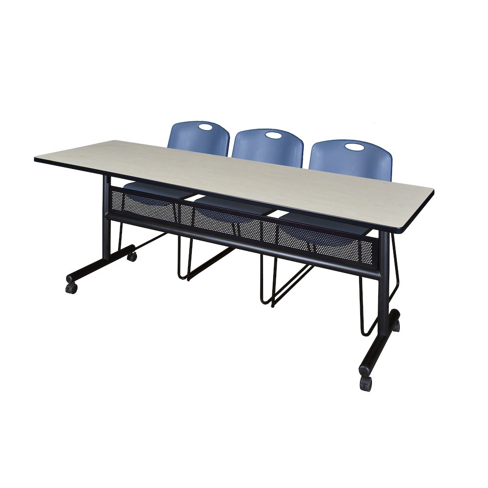 84 x 24 in. Flip-Top Privacy Nesting Table- Maple, 3 Zeng Stack Chairs- Blue. Picture 1