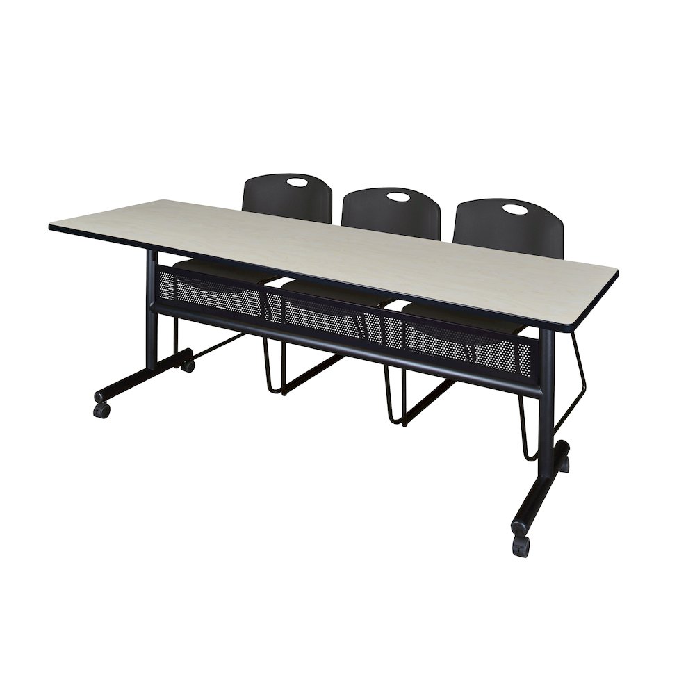 84 x 24 in. Flip-Top Privacy Nesting Table- Maple, 3 Zeng Stack Chairs- Black. Picture 1