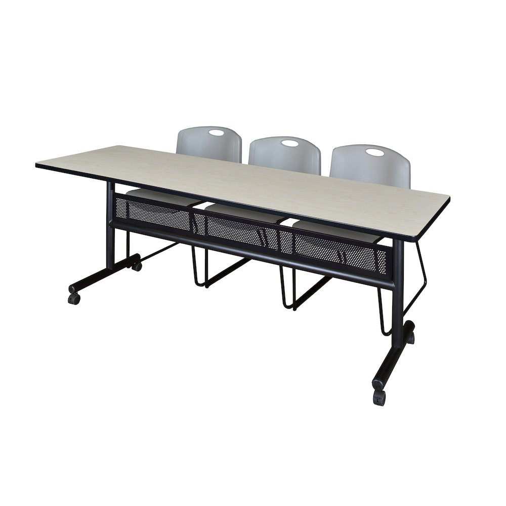 84 x 24 in. Flip-Top Privacy Nesting Table- Maple, 3 Zeng Stack Chairs- Grey. Picture 1