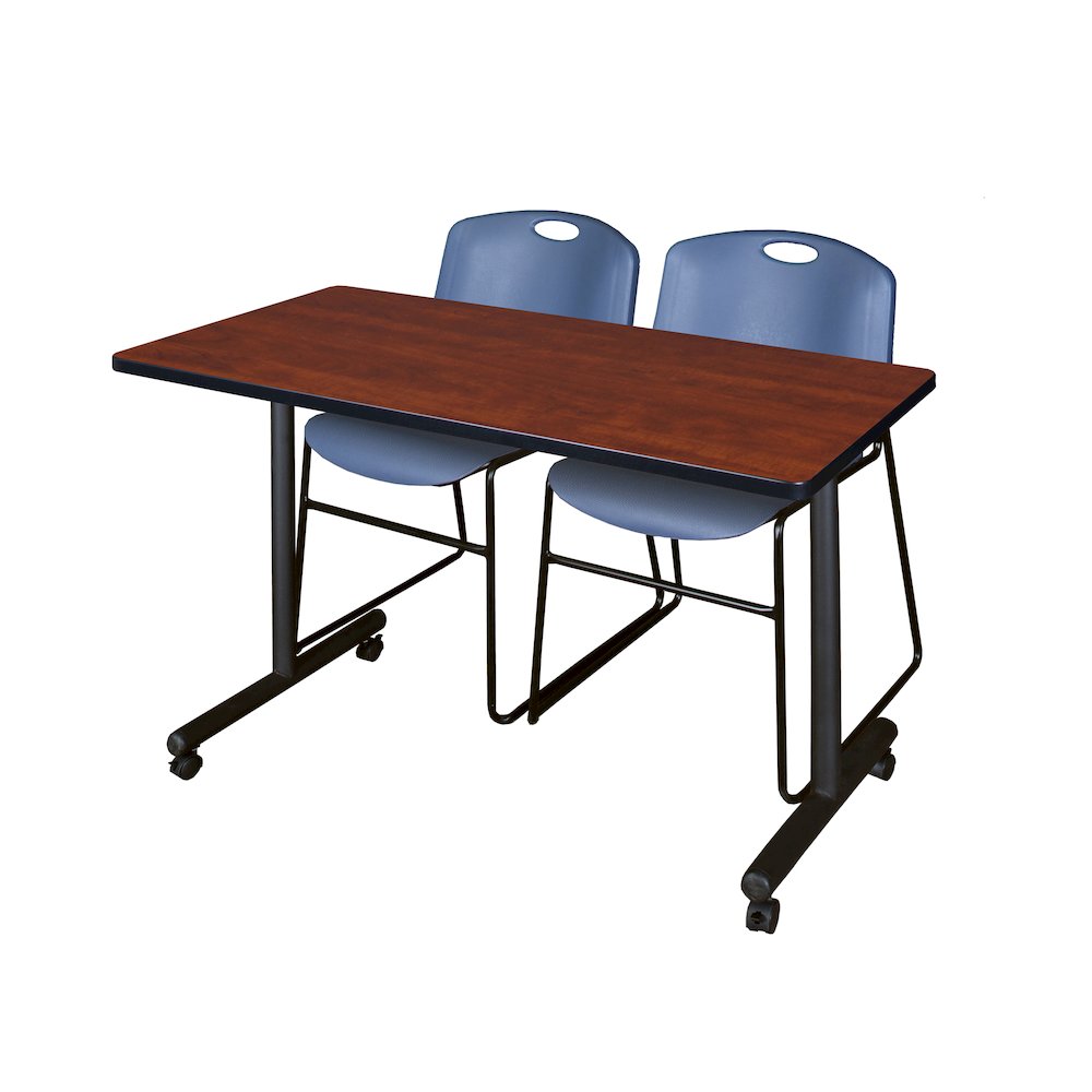 48 x 24 in. Mobile T-Base Training Table- Cherry, 2 Zeng Stack Chairs- Blue. Picture 1