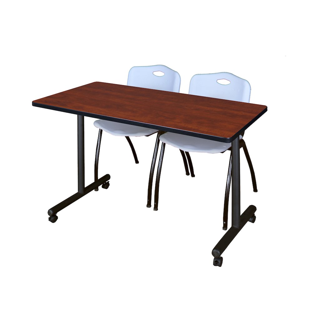 48 x 24 in. Mobile T-Base Training Table- Cherry, 2 M Stack Chairs- Grey. Picture 1