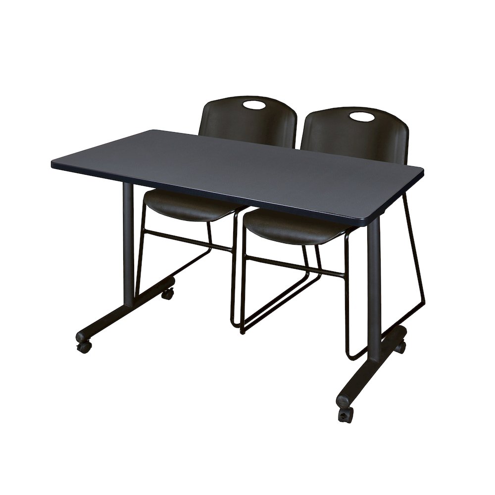 48 x 24 in. Mobile T-Base Training Table- Grey, 2 Zeng Stack Chairs- Black. Picture 1