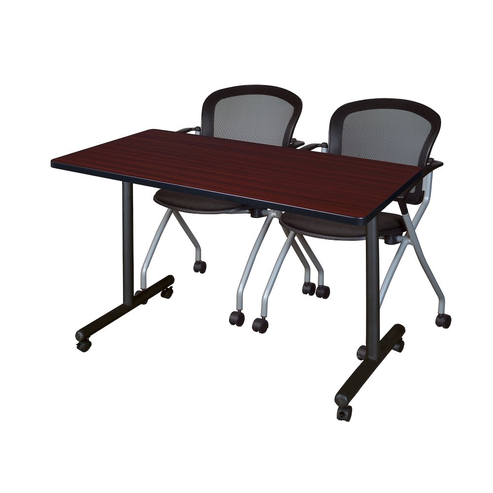 48 x 24 in. Mobile T-Base Training Table- Mahogany, 2 Cadence Nesting Chairs. Picture 1