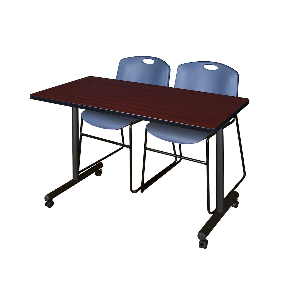 48 x 24 in. Mobile T-Base Training Table- Mahogany, 2 Zeng Stack Chairs- Blue. Picture 1