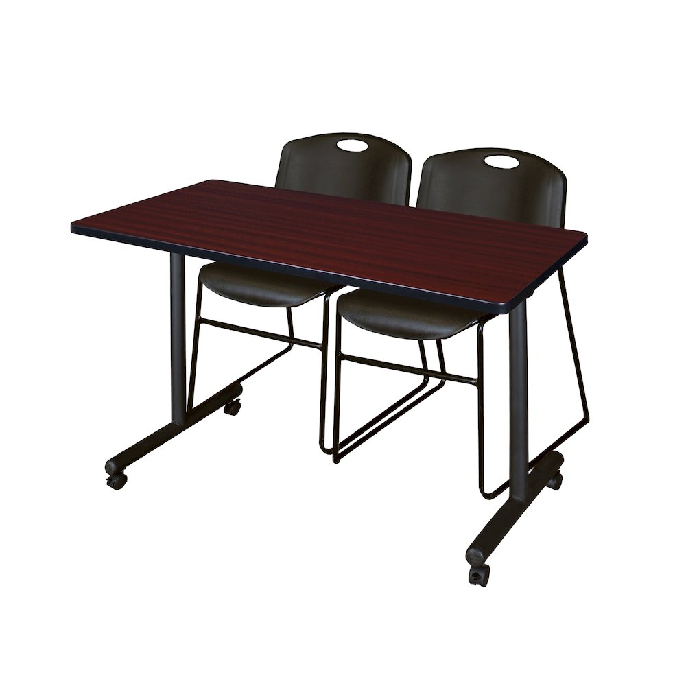 48 x 24 in. Mobile T-Base Training Table- Mahogany, 2 Zeng Stack Chairs- Black. Picture 1
