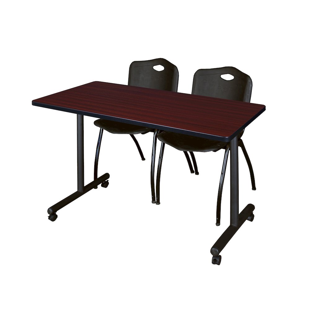 48 x 24 in. Mobile T-Base Training Table- Mahogany, 2 M Stack Chairs- Black. Picture 1