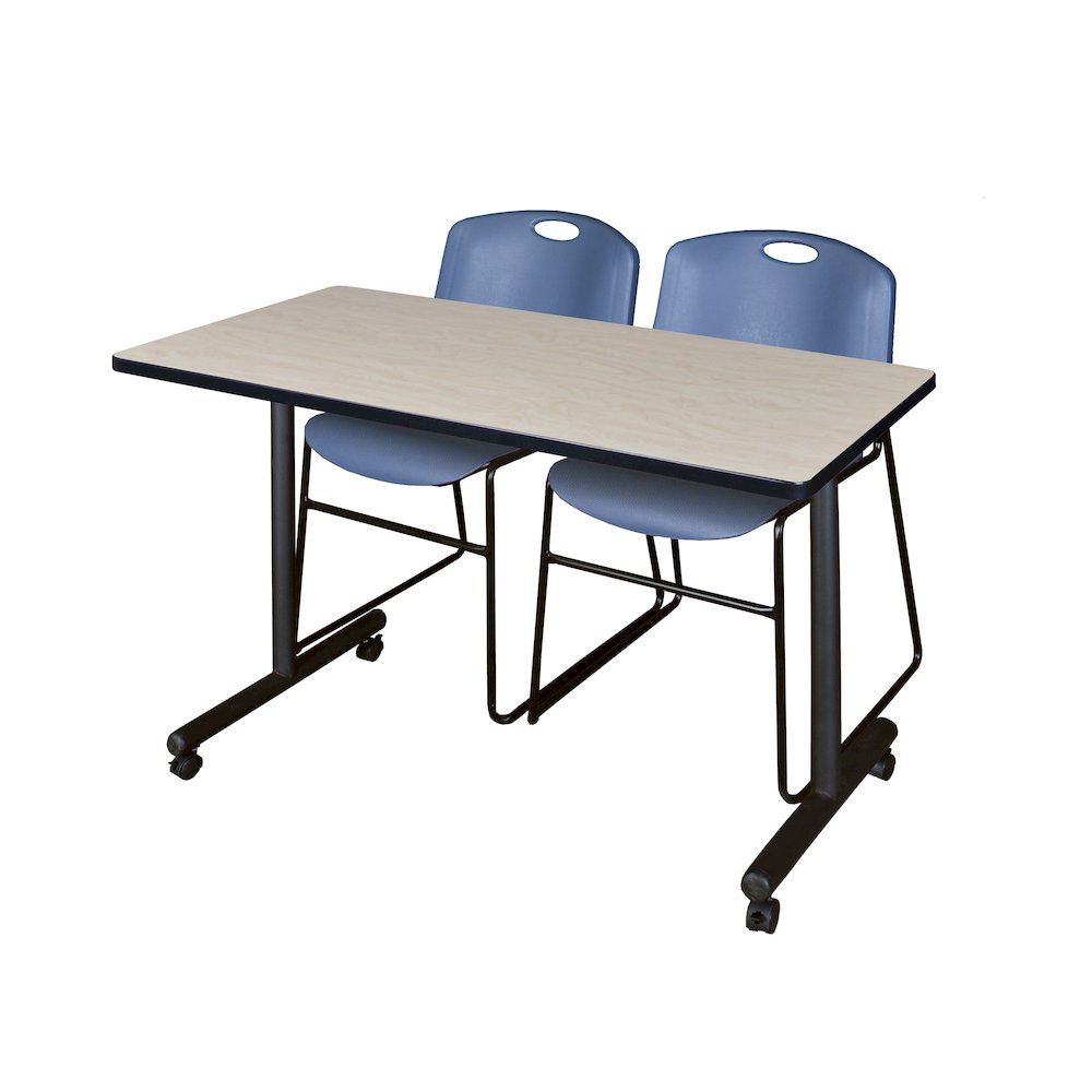 48 x 24 in. Mobile T-Base Training Table- Maple, 2 Zeng Stack Chairs- Blue. Picture 1