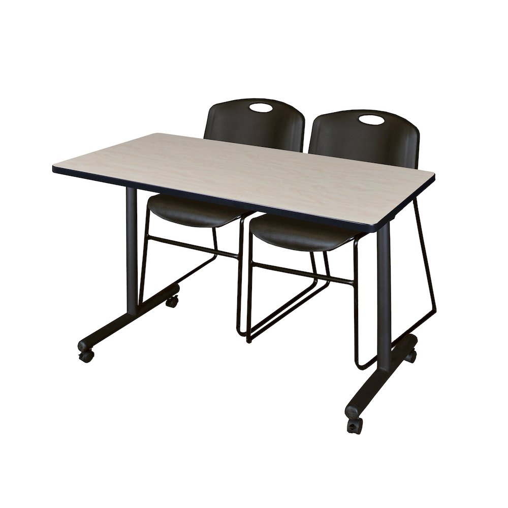 48 x 24 in. Mobile T-Base Training Table- Maple, 2 Zeng Stack Chairs- Black. Picture 1