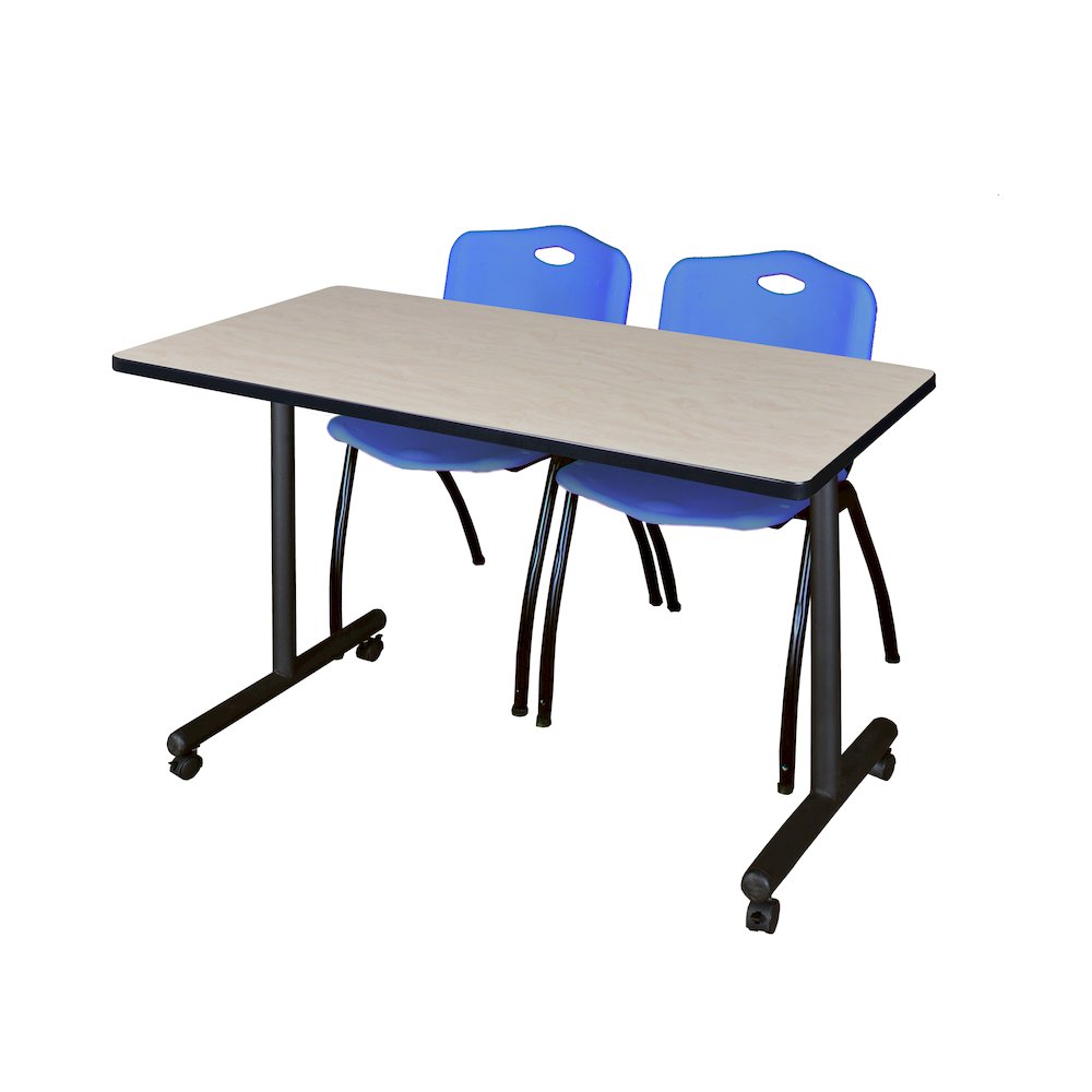 48 x 24 in. Mobile T-Base Training Table- Maple, 2 M Stack Chairs- Blue. Picture 1