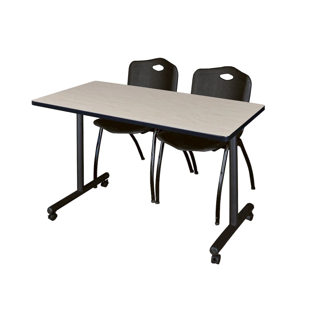48 x 24 in. Mobile T-Base Training Table- Maple, 2 M Stack Chairs- Black. Picture 1