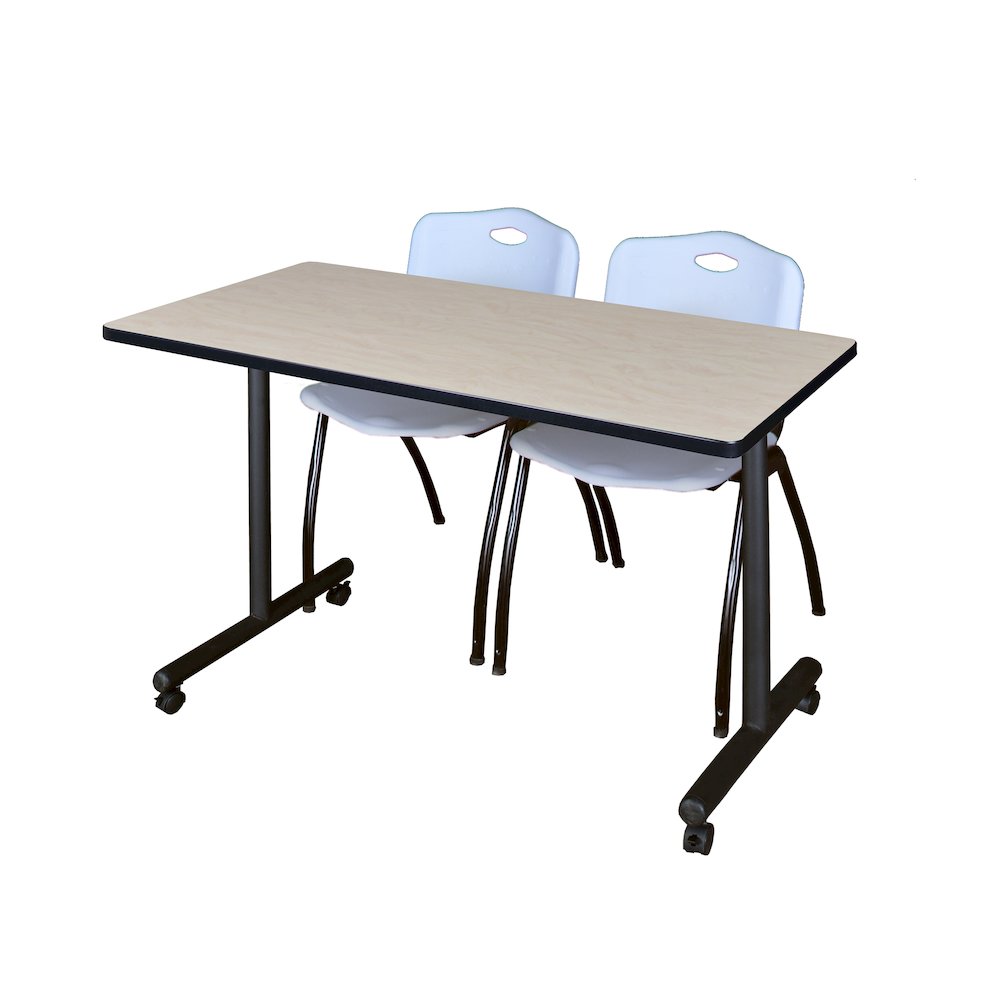 48 x 24 in. Mobile T-Base Training Table- Maple, 2 M Stack Chairs- Grey. Picture 1