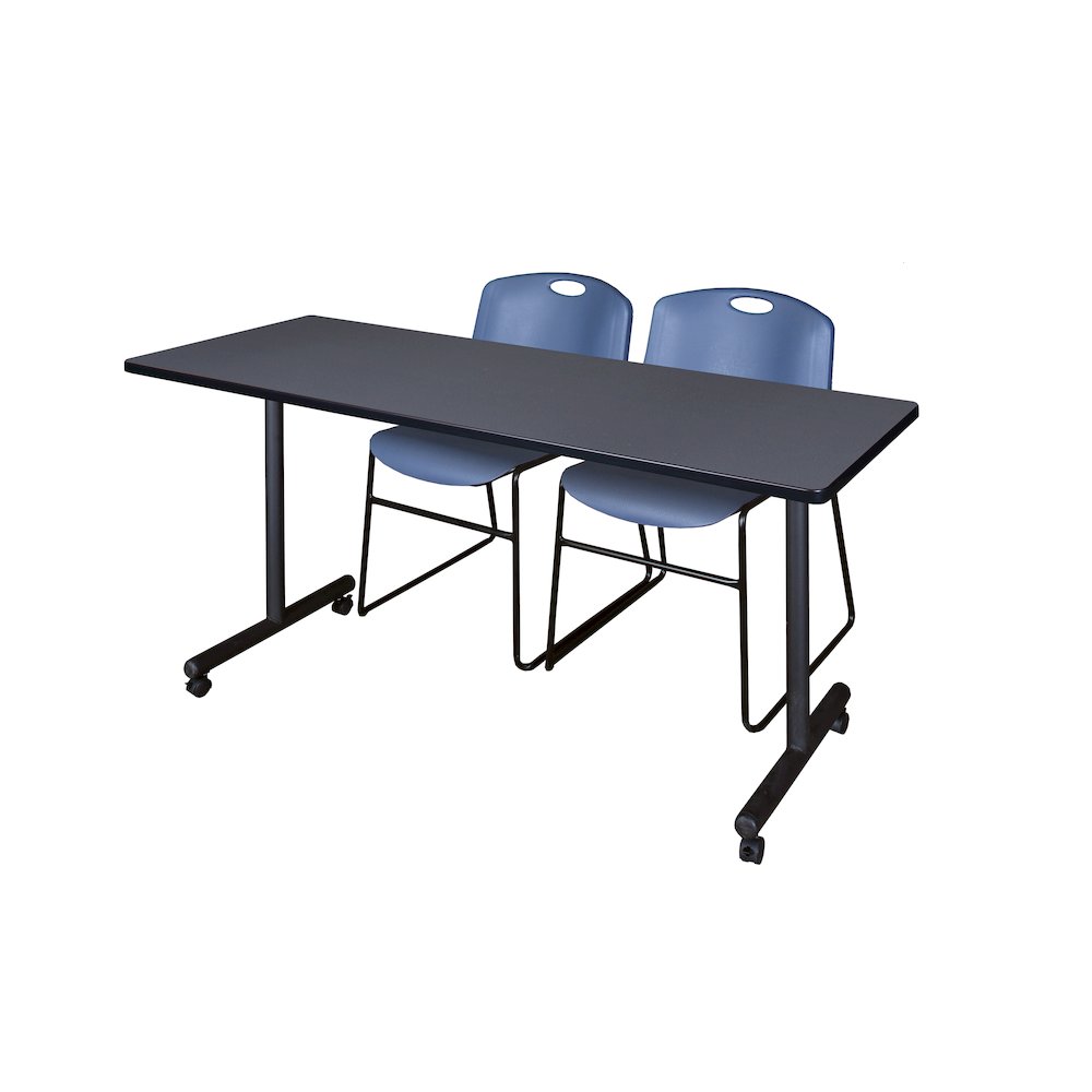 60 x 24 in. Mobile T-Base Training Table- Grey, 2 Zeng Stack Chairs- Blue. Picture 1