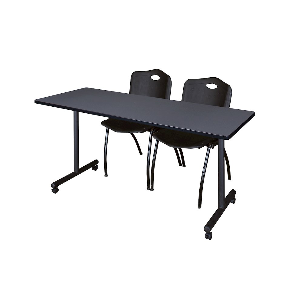 60 x 24 in. Mobile T-Base Training Table- Grey, 2 M Stack Chairs- Black. Picture 1