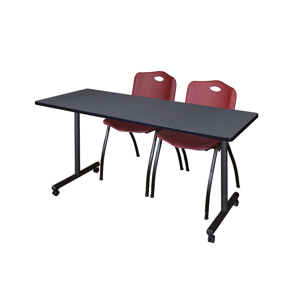 60 x 24 in. Mobile T-Base Training Table- Grey, 2 M Stack Chairs- Burgundy. Picture 1