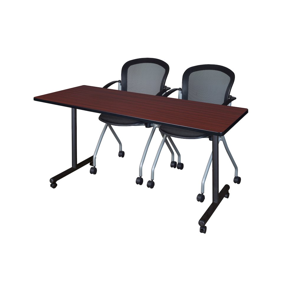 60 x 24 in. Mobile T-Base Training Table- Mahogany, 2 Cadence Nesting Chairs. Picture 1