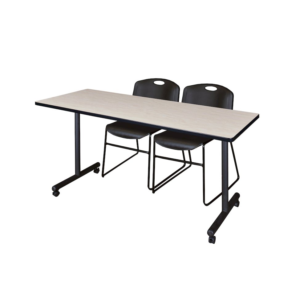 60 x 24 in. Mobile T-Base Training Table- Maple, 2 Zeng Stack Chairs- Black. Picture 1