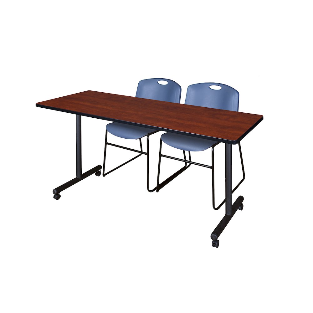 66 x 24 in. Mobile T-Base Training Table- Cherry, 2 Zeng Stack Chairs- Blue. Picture 1