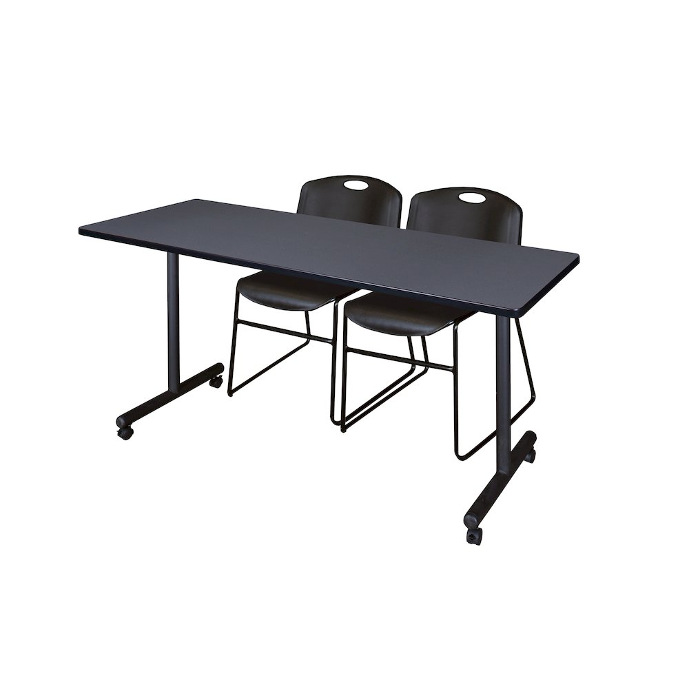 66 x 24 in. Mobile T-Base Training Table- Grey, 2 Zeng Stack Chairs- Black. Picture 1