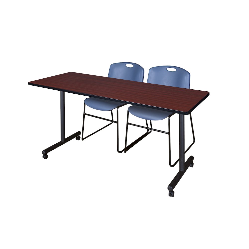 66 x 24 in. Mobile T-Base Training Table- Mahogany, 2 Zeng Stack Chairs- Blue. Picture 1