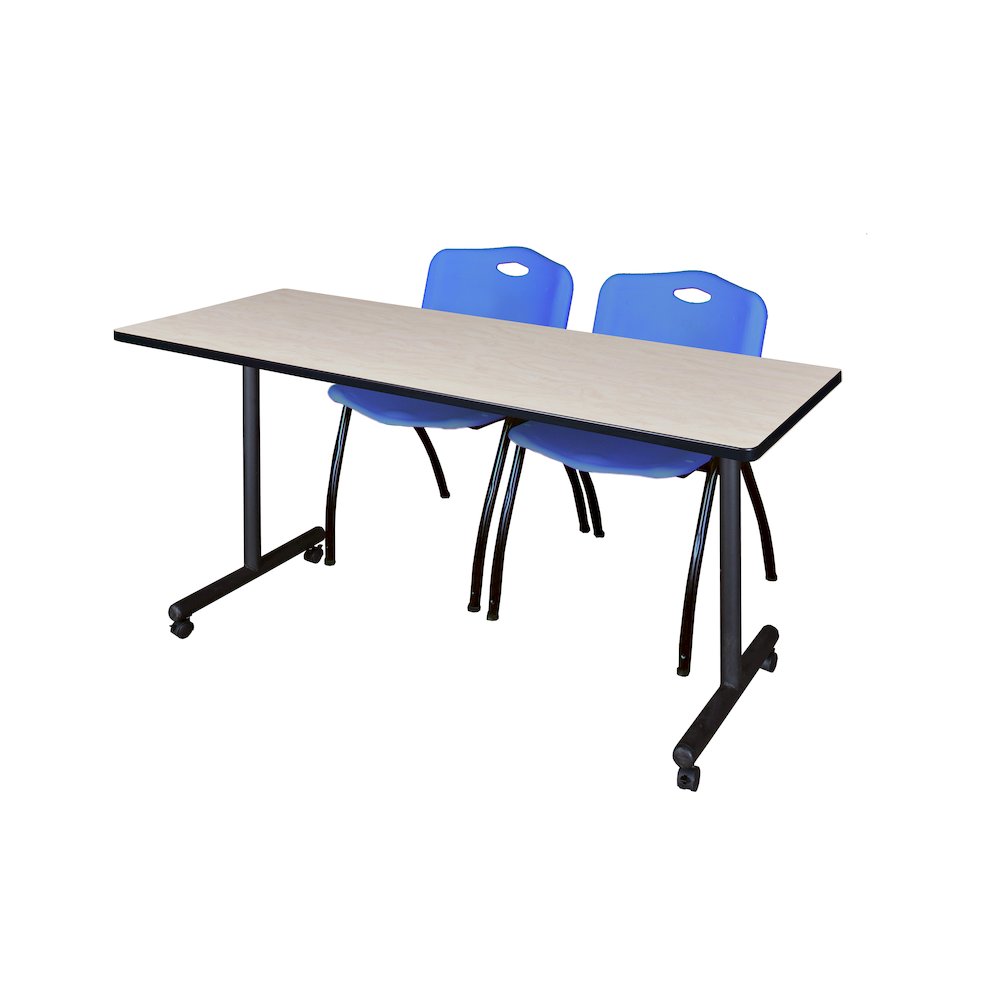 72 x 24 in. Mobile T-Base Training Table- Maple, 2 M Stack Chairs- Blue. Picture 1