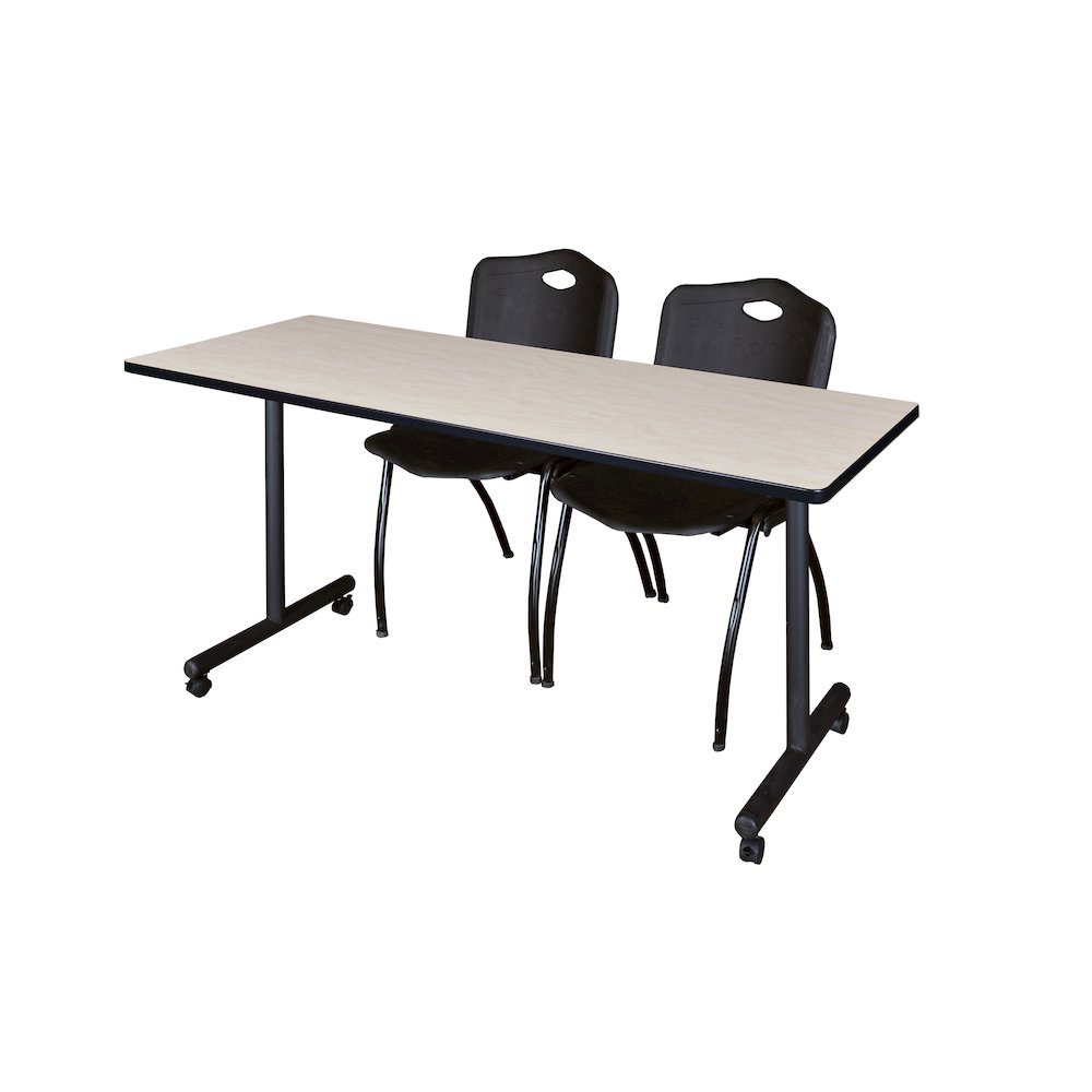 72 x 24 in. Mobile T-Base Training Table- Maple, 2 M Stack Chairs- Black. Picture 1