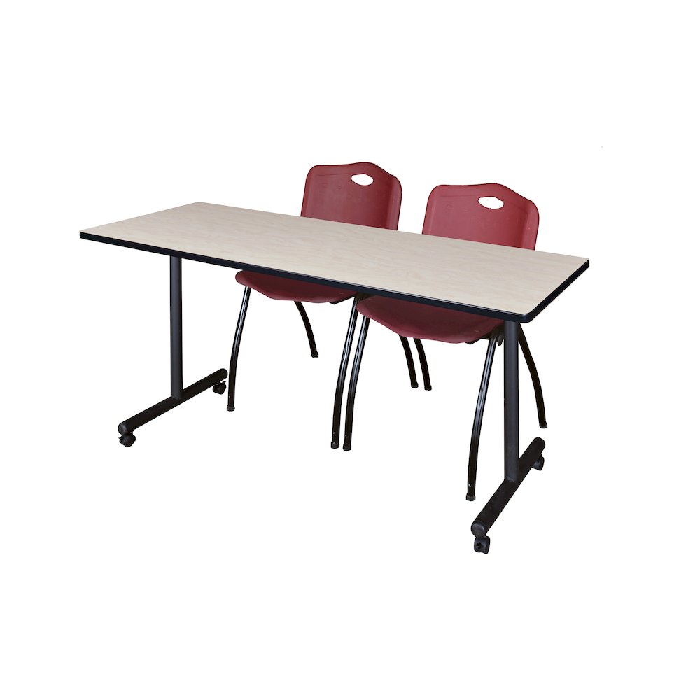 72 x 24 in. Mobile T-Base Training Table- Maple, 2 M Stack Chairs- Burgundy. Picture 1