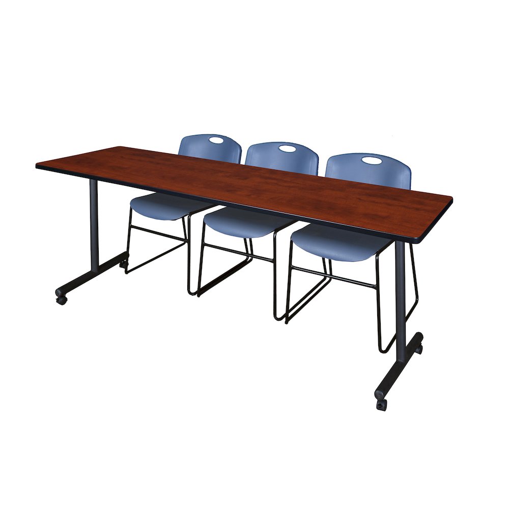 84 x 24 in. Mobile T-Base Training Table- Cherry, 2 Zeng Stack Chairs- Blue. Picture 1