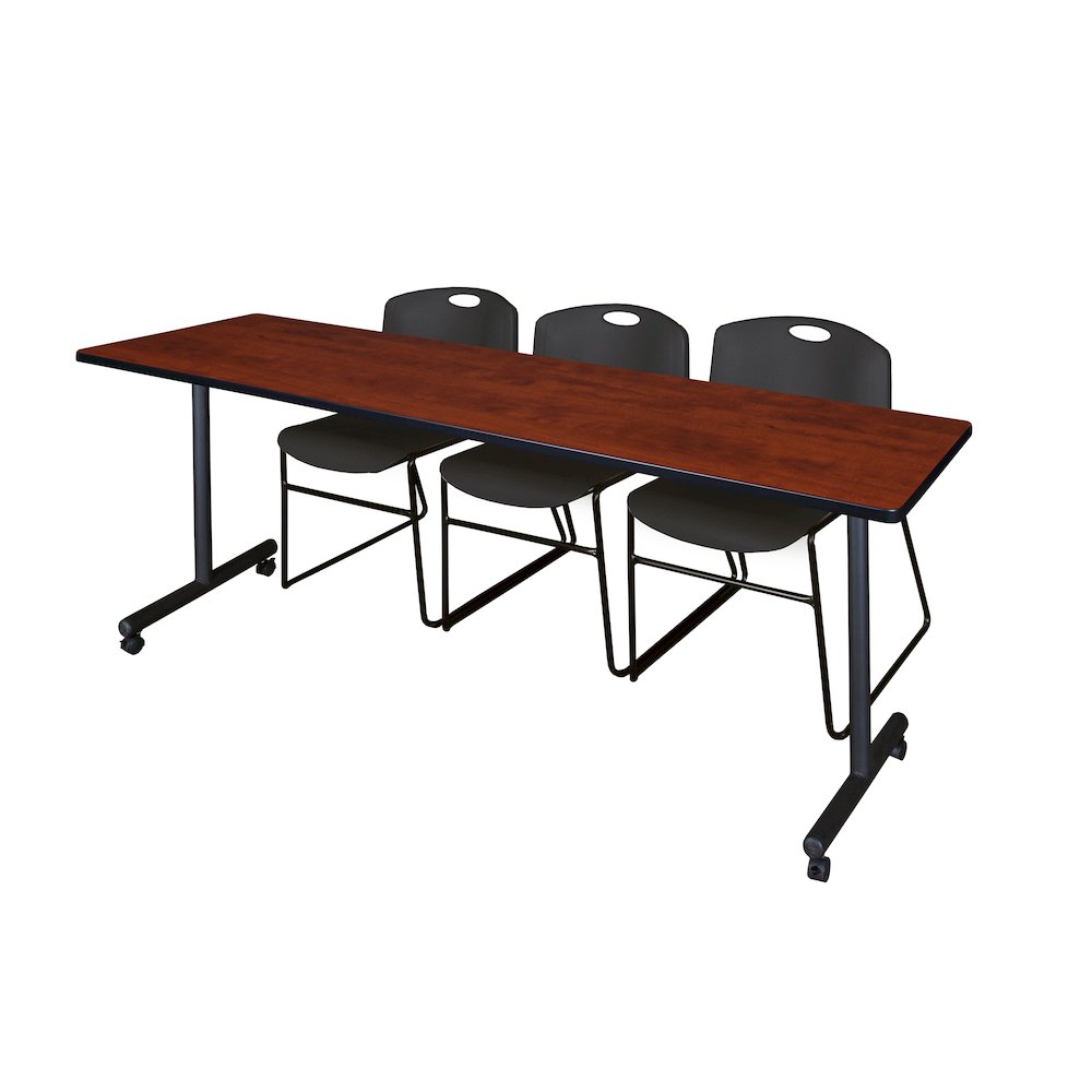 84 x 24 in. Mobile T-Base Training Table- Cherry, 2 Zeng Stack Chairs- Black. Picture 1