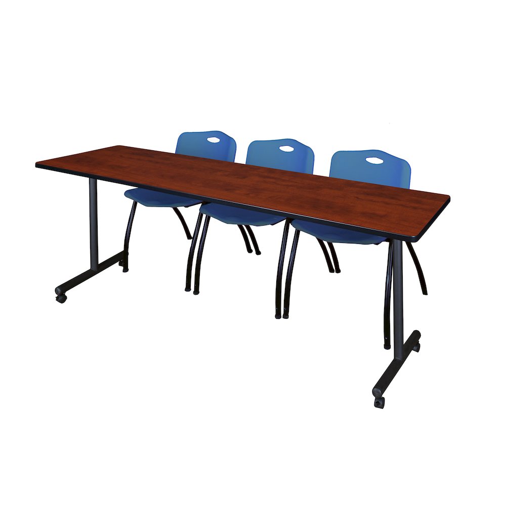 84 x 24 in. Mobile T-Base Training Table- Cherry, 2 M Stack Chairs- Blue. Picture 1
