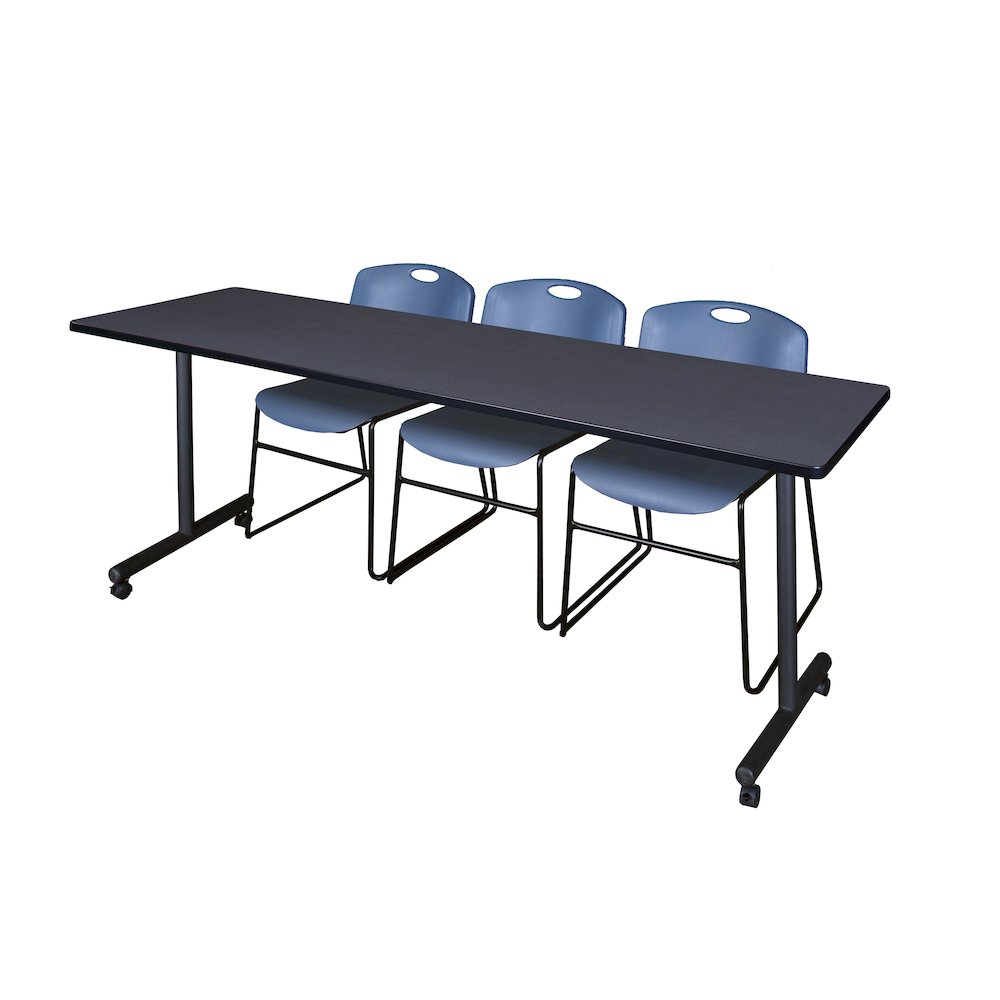 84 x 24 in. Mobile T-Base Training Table- Grey, 2 Zeng Stack Chairs- Blue. Picture 1