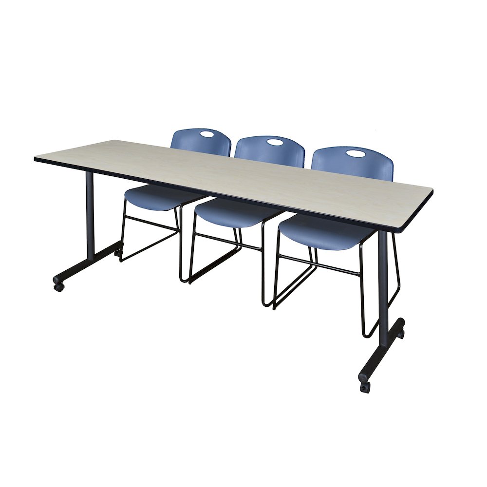 84 x 24 in. Mobile T-Base Training Table- Maple, 2 Zeng Stack Chairs- Blue. Picture 1