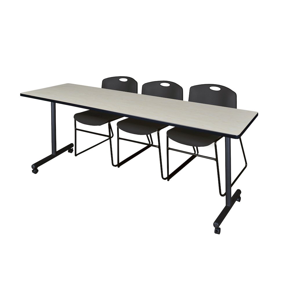 84 x 24 in. Mobile T-Base Training Table- Maple, 2 Zeng Stack Chairs- Black. Picture 1
