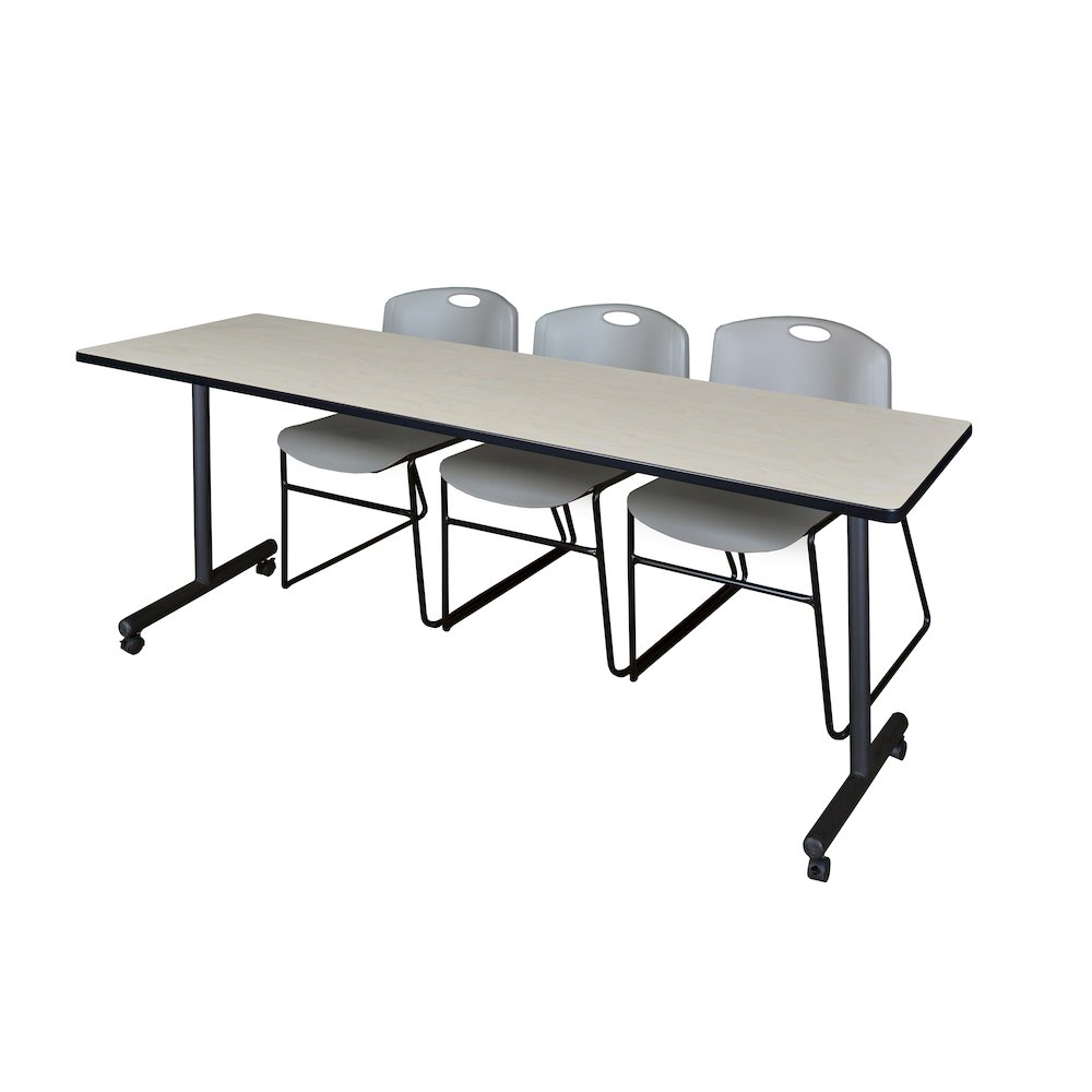 84 x 24 in. Mobile T-Base Training Table- Maple, 2 Zeng Stack Chairs- Grey. Picture 1